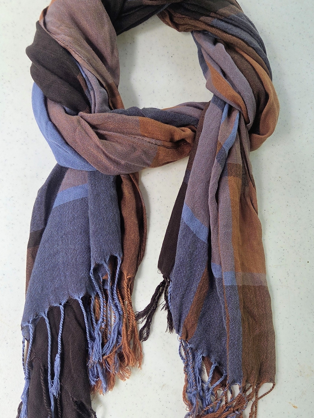 Casual Fall Style Scarf In Blue Rust And Brown With Fringe